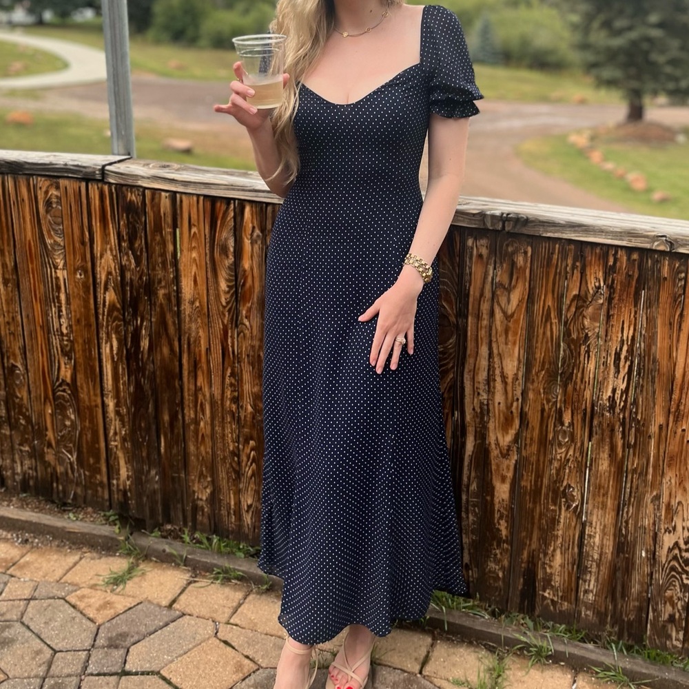 Reformation Navy Polka Dot Maxi Dress